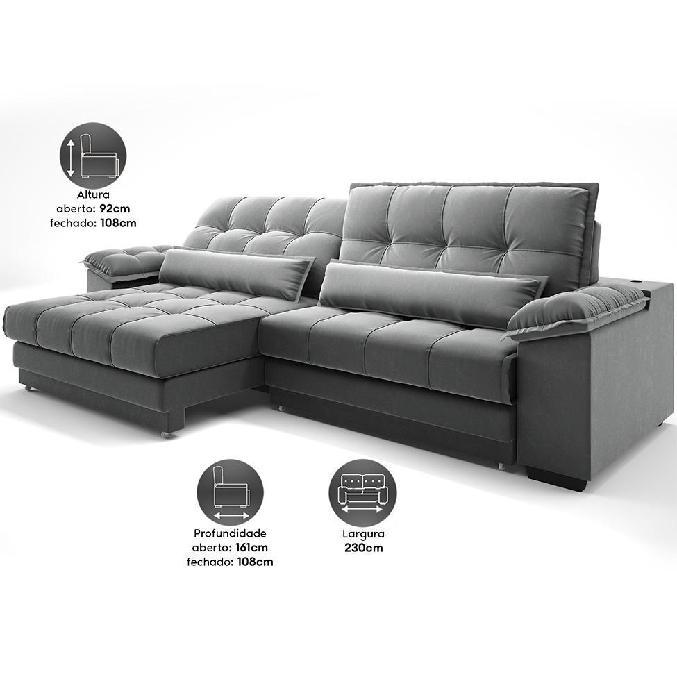 Sofá 3 Lugares Retrátil e Reclinável Majestic Veludo Cinza - 6