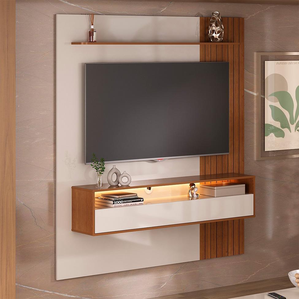 Painel com Rack Supenso até 65 Polegadas Matisse 1 PT Cinamomo e Off White - 1