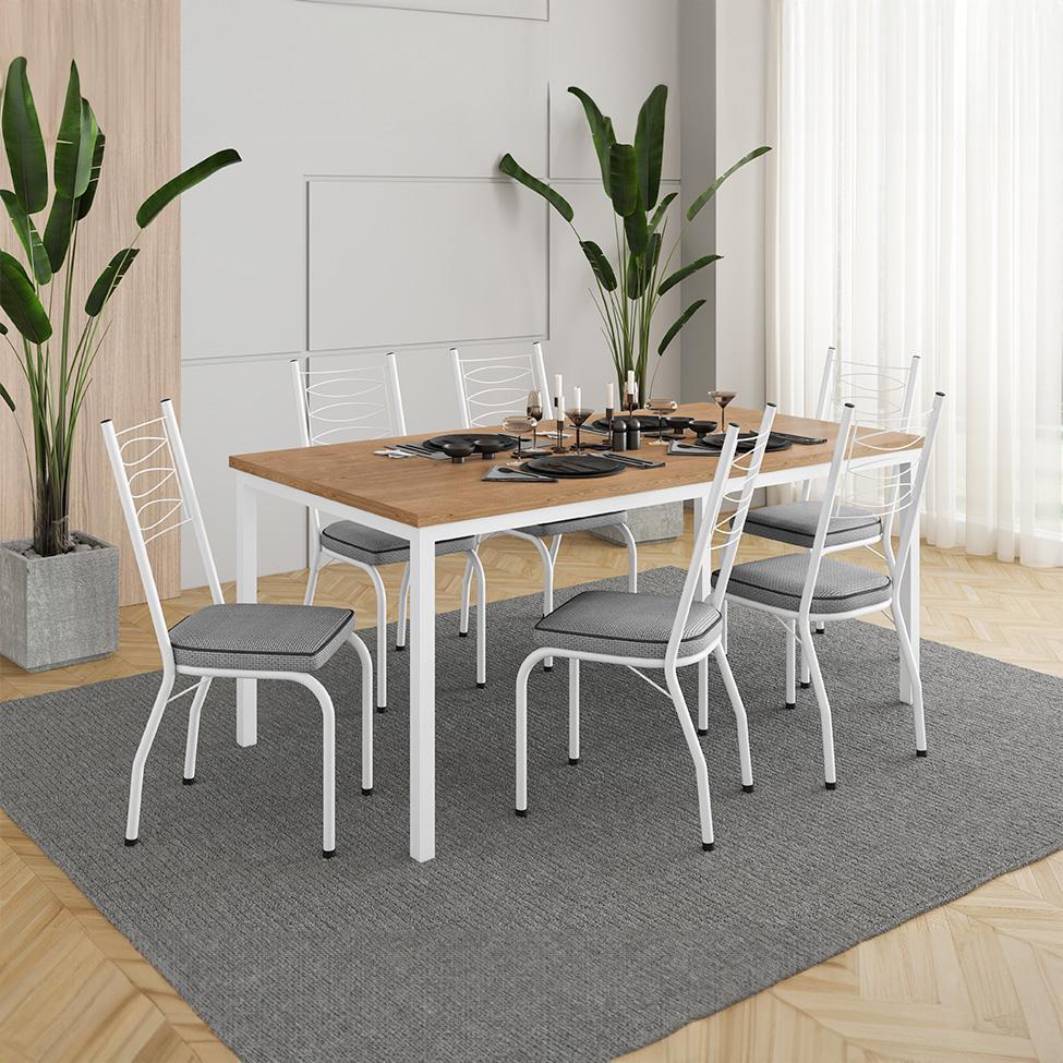 Conjunto de Mesa Retangular com Tampo de MDP Amadeirado e 6 Cadeiras Adriana Revestimento Sintético Platina e Branco - 2