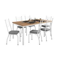 Conjunto de Mesa Retangular com Tampo de MDP Amadeirado e 6 Cadeiras Adriana Revestimento Sintético Platina e Branco - 1