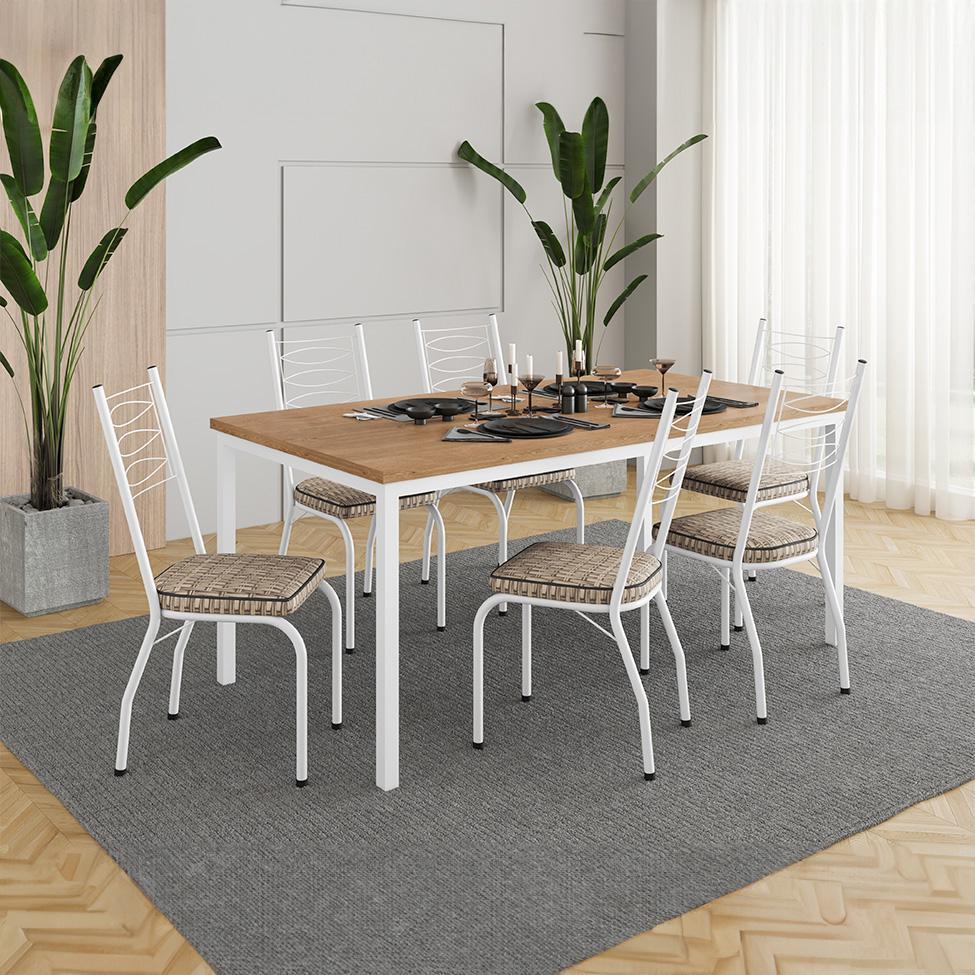 Conjunto de Mesa Retangular com Tampo de MDP Amadeirado e 6 Cadeiras Adriana Revestimento Sintético Marrom e Branco - 2