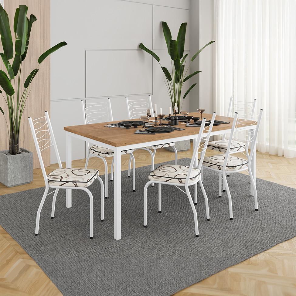 Conjunto de Mesa Retangular com Tampo de MDP Amadeirado e 6 Cadeiras Adriana Revestimento Sintético Cedro e Branco - 2