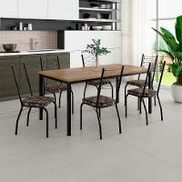 Conjunto de Mesa Retangular com Tampo de MDP Amadeirado e 6 Cadeiras Adriana Revestimento Sintético Palha e Preto - 1