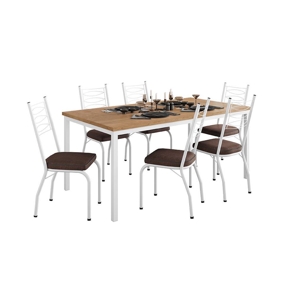 Conjunto de Mesa Retangular com Tampo de MDP Amadeirado e 6 Cadeiras Adriana Revestimento Sintético Imbuia e Branco - 1