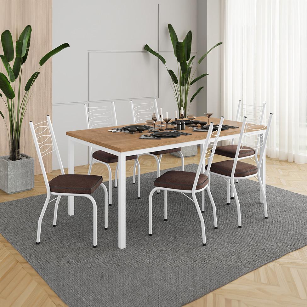 Conjunto de Mesa Retangular com Tampo de MDP Amadeirado e 6 Cadeiras Adriana Revestimento Sintético Imbuia e Branco - 2
