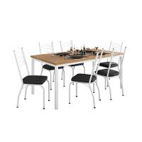 Conjunto de Mesa Retangular com Tampo de MDP Amadeirado e 6 Cadeiras Adriana Revestimento Sintético Preto e Branco - 1
