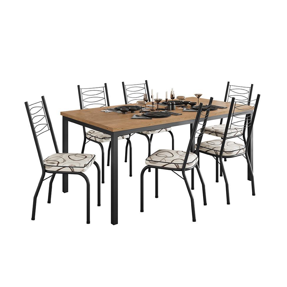 Conjunto de Mesa Retangular com Tampo de MDP Amadeirado e 6 Cadeiras Adriana Revestimento Sintético Cedro e Preto - 1