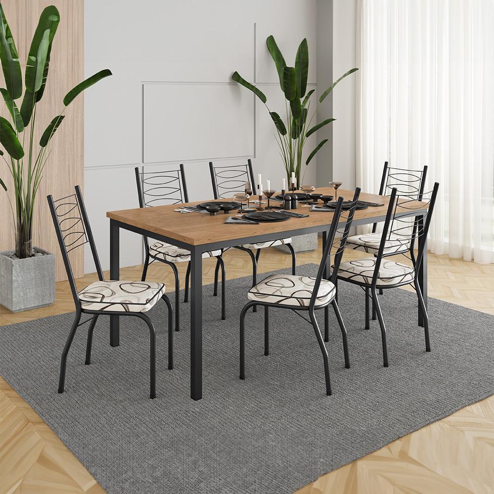 Conjunto de Mesa Retangular com Tampo de MDP Amadeirado e 6 Cadeiras Adriana Revestimento Sintético Cedro e Preto - 2