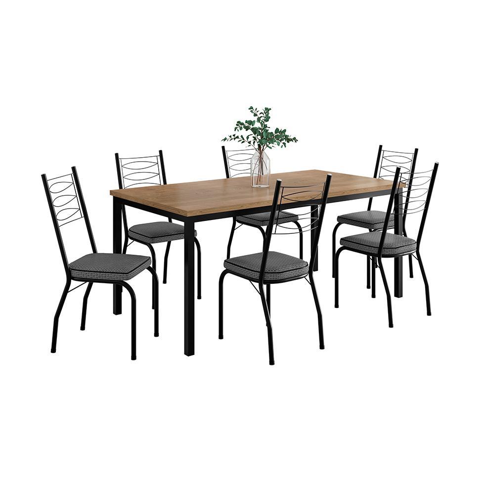 Conjunto de Mesa Retangular com Tampo de MDP Amadeirado e 6 Cadeiras Adriana Revestimento Sintético Platina e Preto - 1