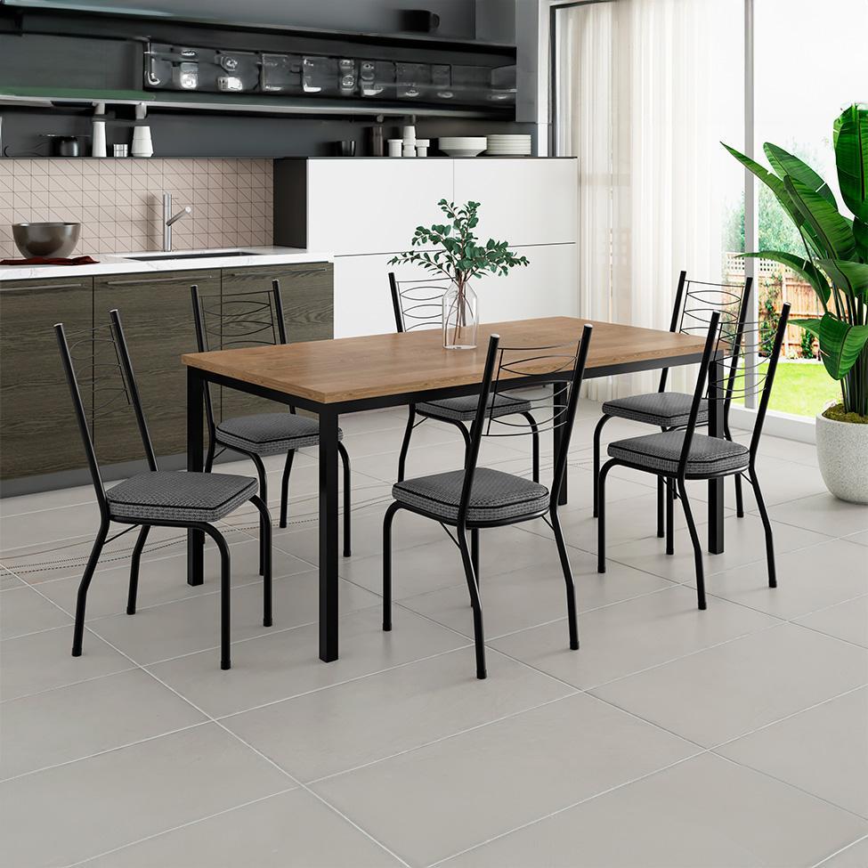 Conjunto de Mesa Retangular com Tampo de MDP Amadeirado e 6 Cadeiras Adriana Revestimento Sintético Platina e Preto - 2