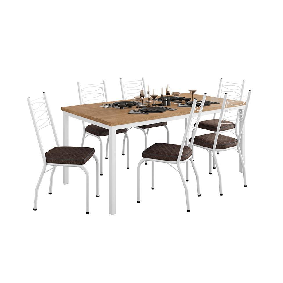 Conjunto de Mesa Retangular com Tampo de MDP Amadeirado e 6 Cadeiras Adriana Revestimento Sintético Cacau e Branco - 1