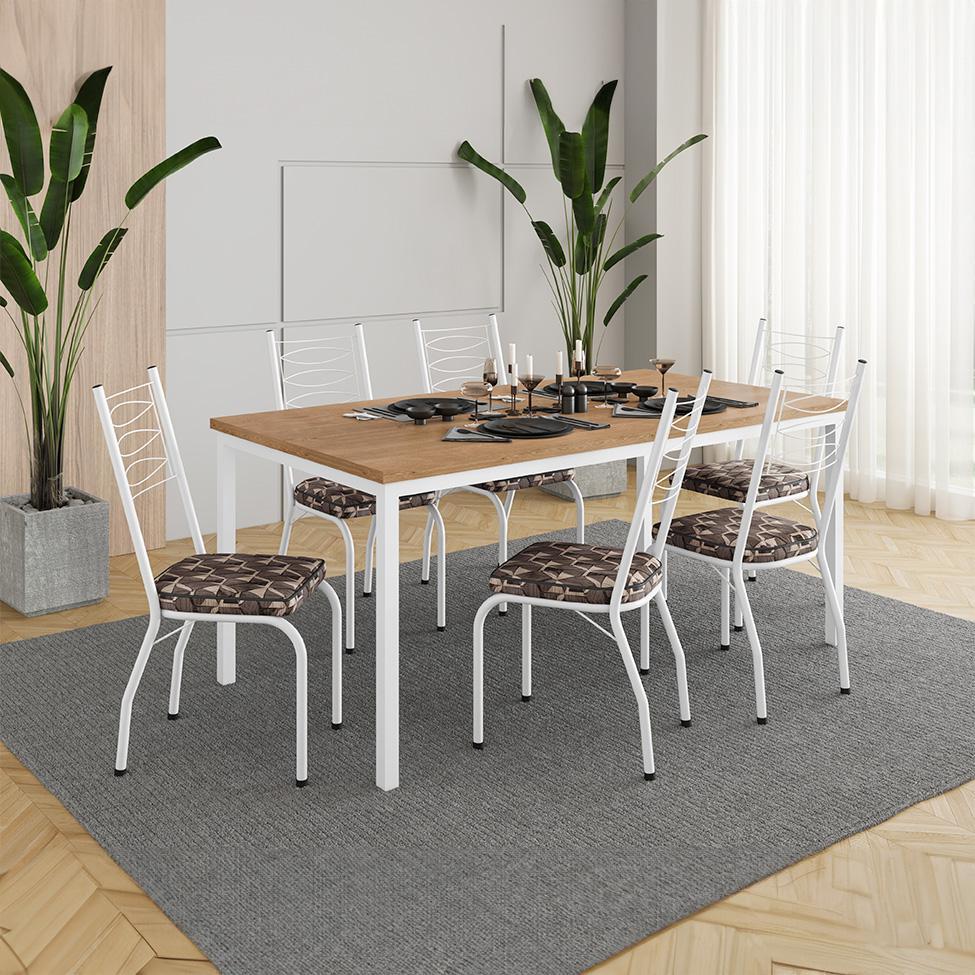 Conjunto de Mesa Retangular com Tampo de MDP Amadeirado e 6 Cadeiras Adriana Revestimento Sintético Palha e Branco - 2