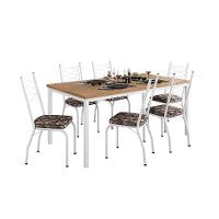 Conjunto de Mesa Retangular com Tampo de MDP Amadeirado e 6 Cadeiras Adriana Revestimento Sintético Palha e Branco - 1