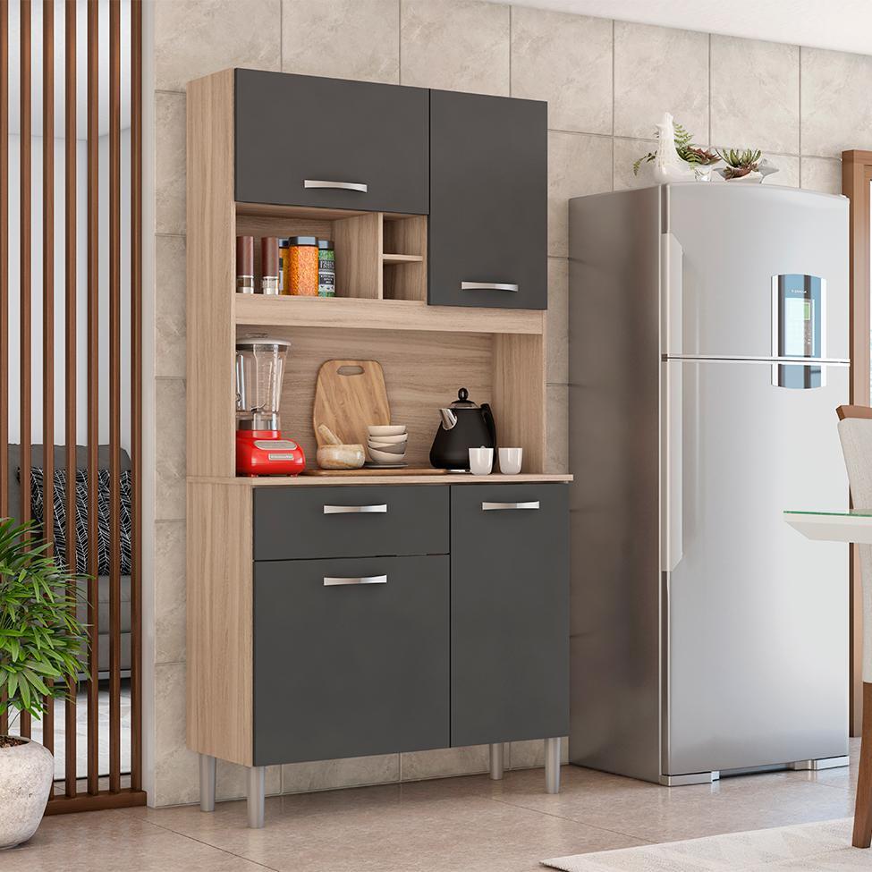 Cozinha Compacta Malta 4 Portas 1 Gaveta Avena e Grafito - 1