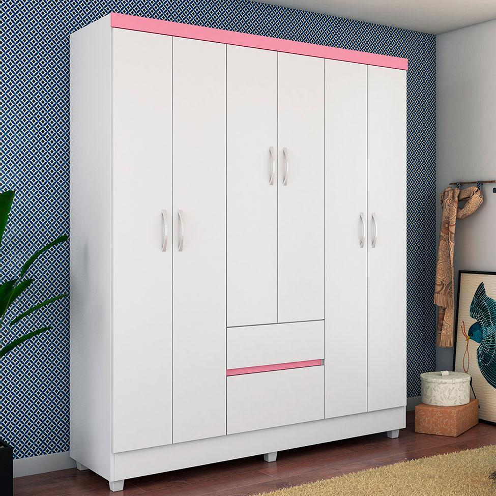 Guarda-Roupa Solteiro Sória Flex 6 Portas 2 Gavetas Branco e Rosa - 6