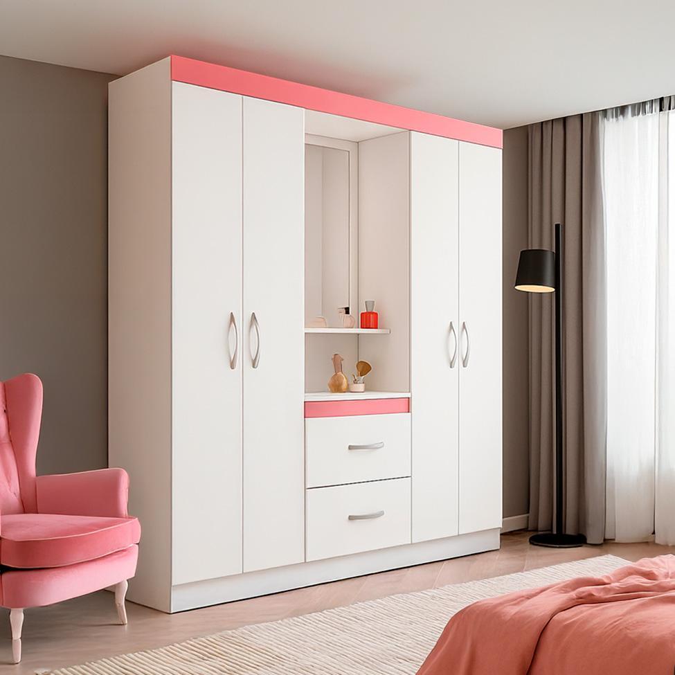 Guarda-Roupa Solteiro com Espelho Embers 4 Portas 2 Gavetas Branco e Rosa - 1