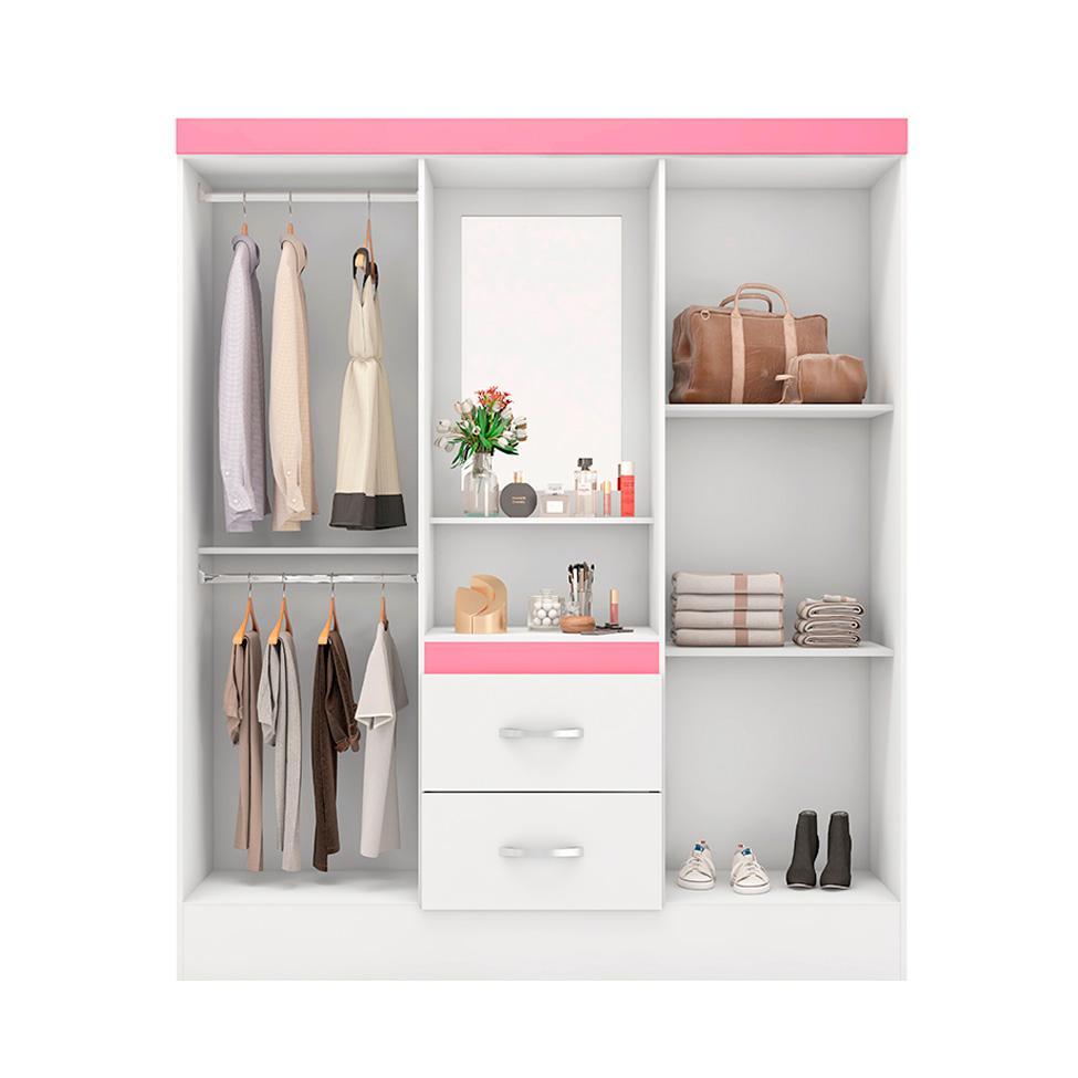 Guarda-Roupa Solteiro com Espelho Embers 4 Portas 2 Gavetas Branco e Rosa - 2