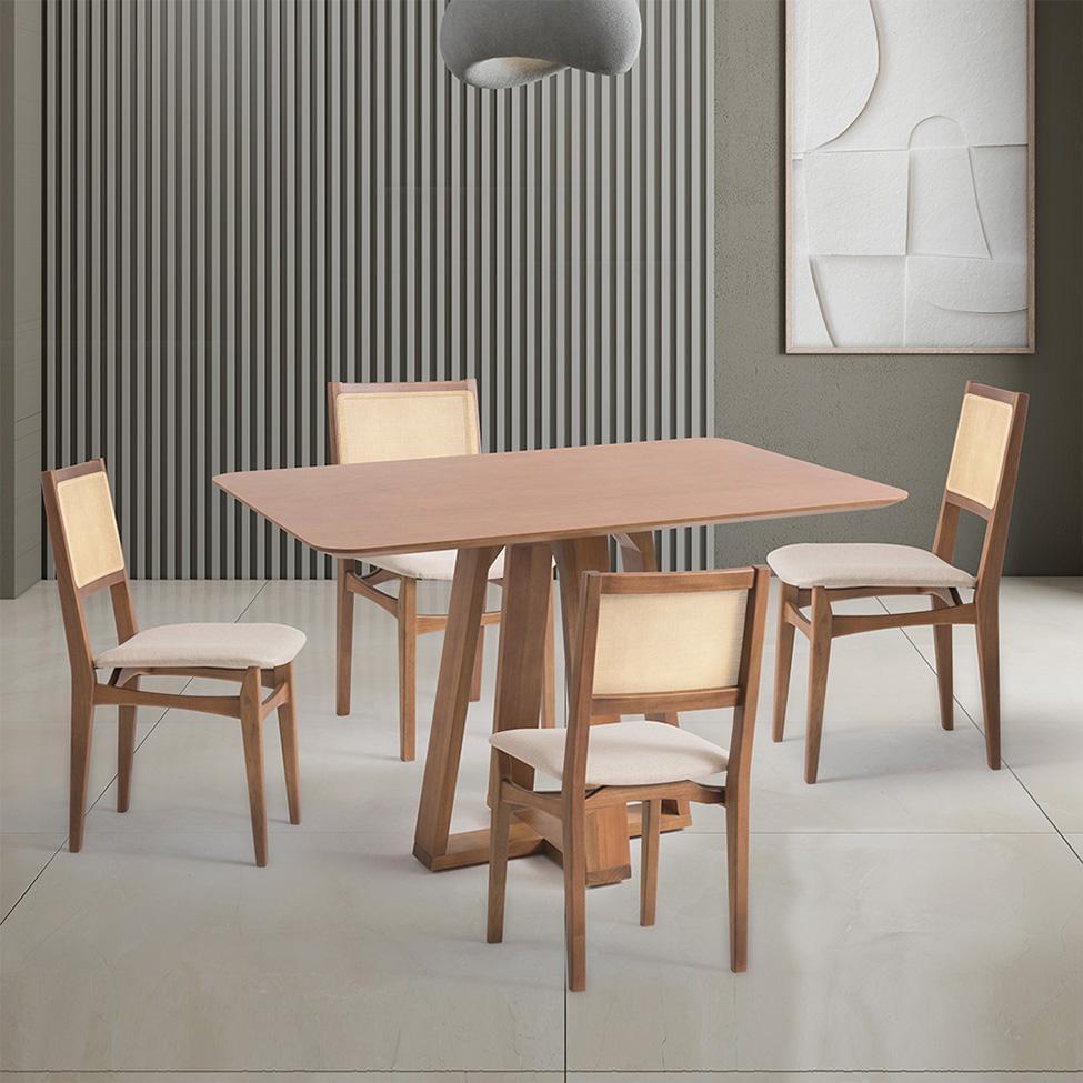 Conjunto de Mesa Retangular com Tampo de Madeira Maciça Frame e 4 Cadeiras Serena Poliéster Bege e Natural - 1