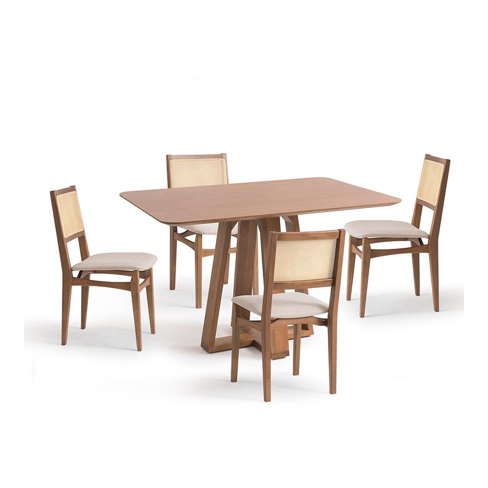 Conjunto de Mesa Retangular com Tampo de Madeira Maciça Frame e 4 Cadeiras Serena Poliéster Bege e Natural - 2