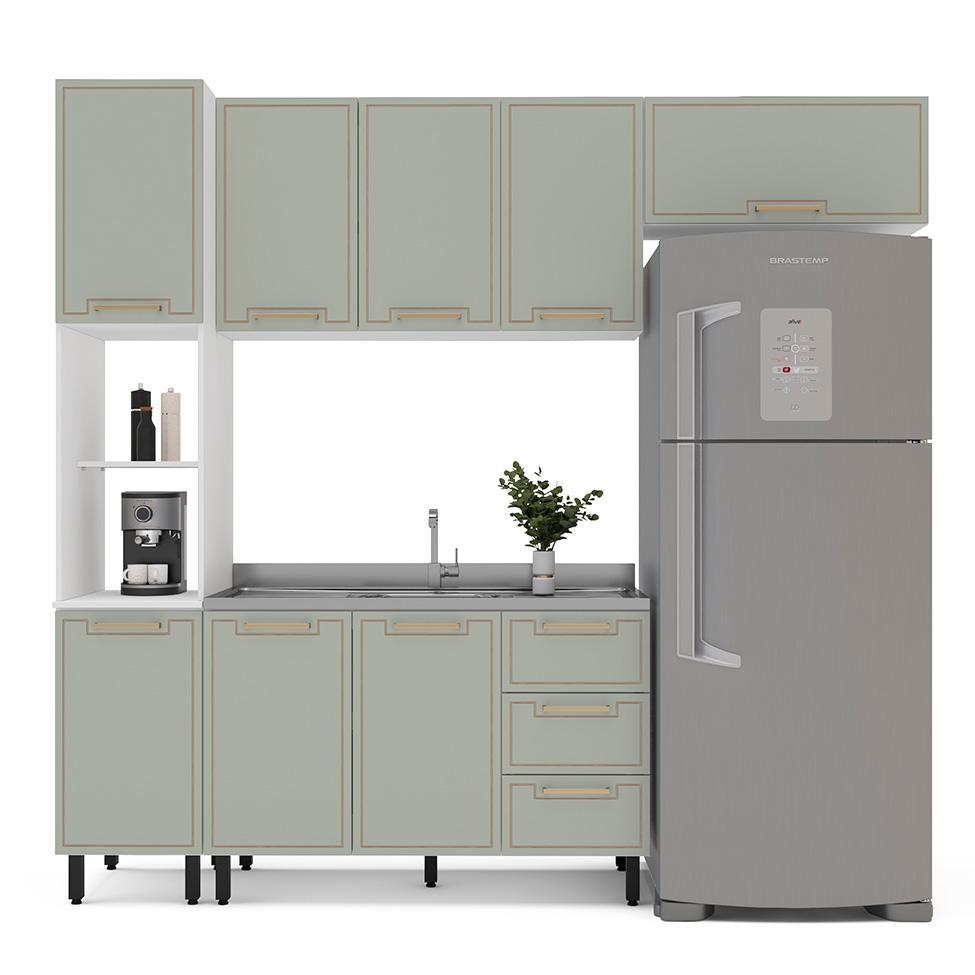 Cozinha Compacta Sem Tampo Amara 8 Portas 3 Gavetas Verde e Branca - 6