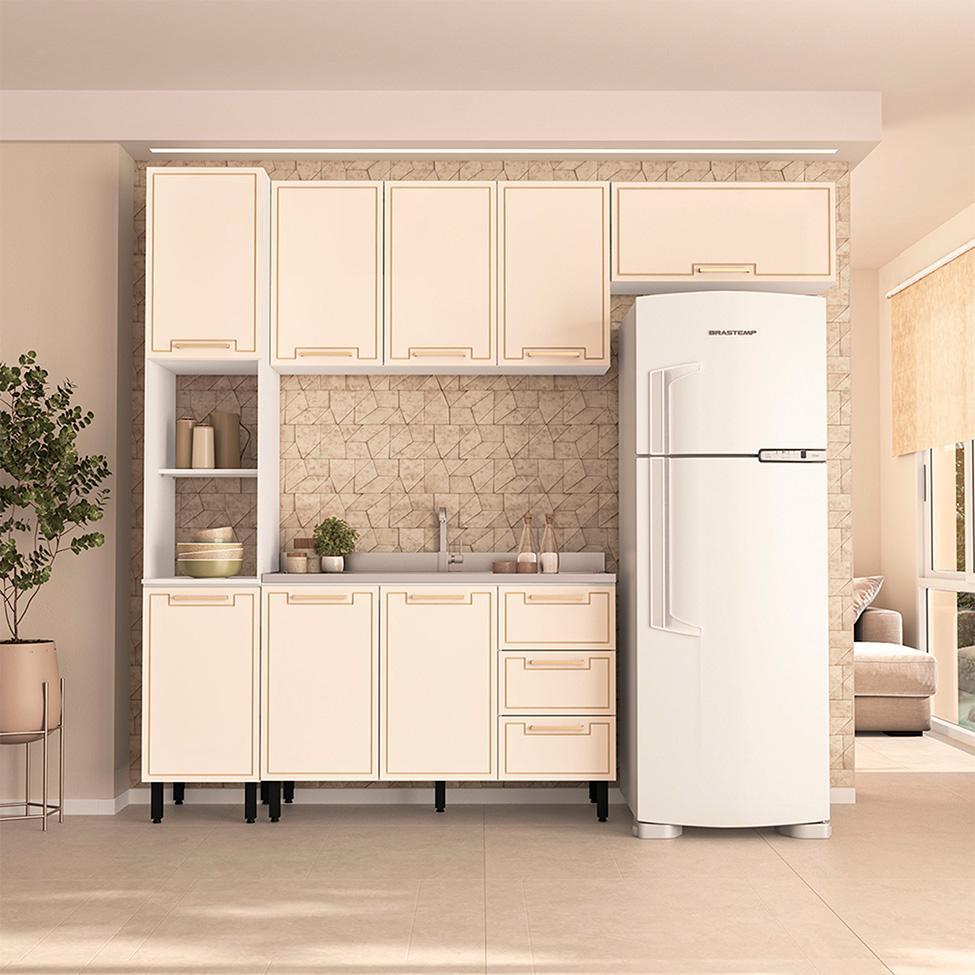 Cozinha Compacta Sem Tampo Amara 8 Portas 3 Gavetas Creme e Branca - 1