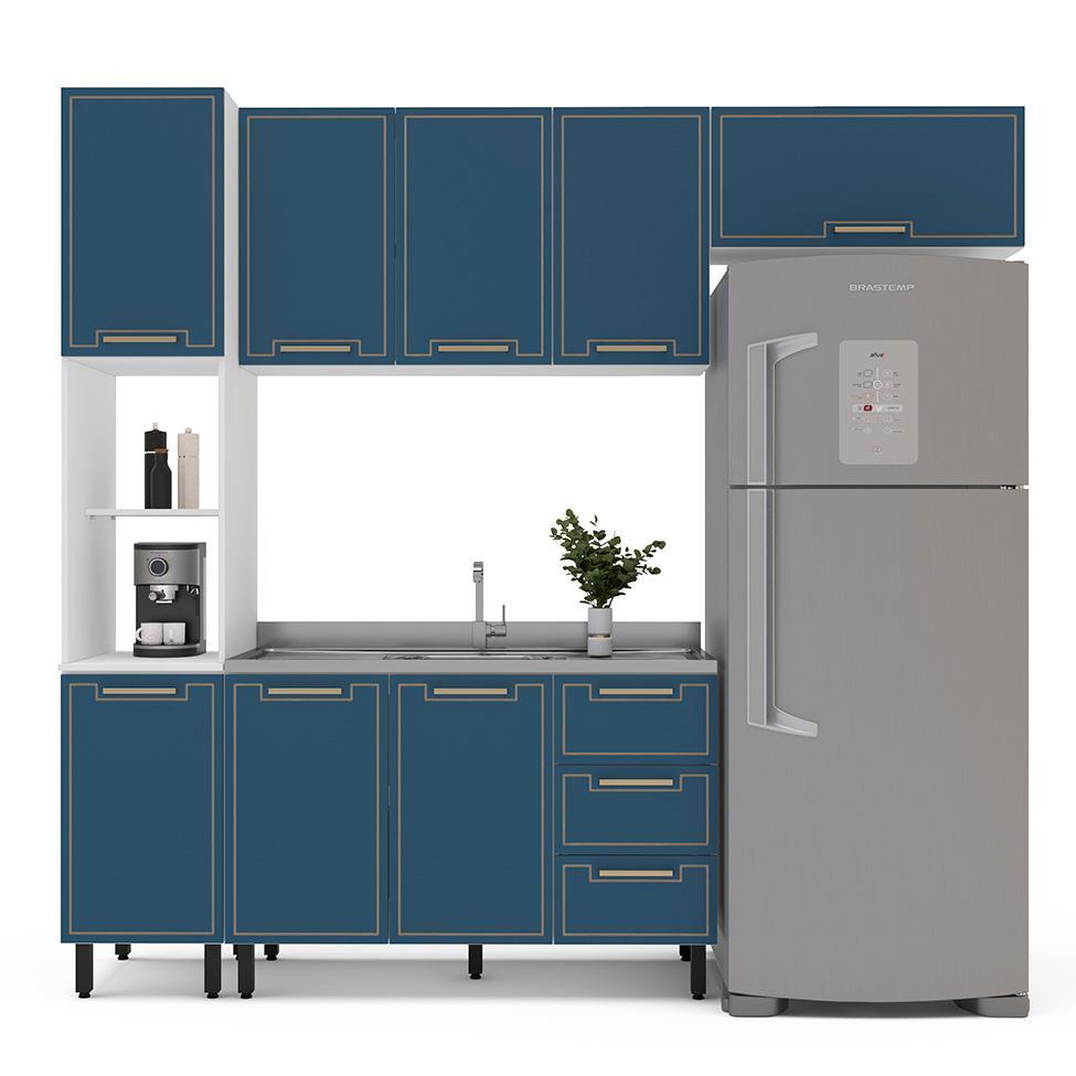 Cozinha Compacta Sem Tampo Amara 8 Portas 3 Gavetas Azul e Branca - 6
