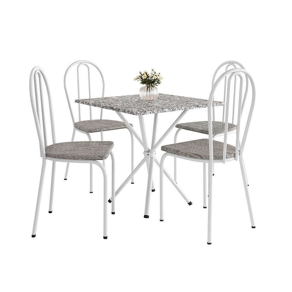 Conjunto de Mesa Quadrada com Tampo Granito e 4 Cadeiras Léia Revestimento Sintético Branco e Grafiato - 1