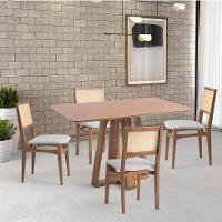 Conjunto de Mesa Retangular com Tampo de Madeira Maciça Frame e 4 Cadeiras Serena Poliéster Cinza Claro e Natural - 1