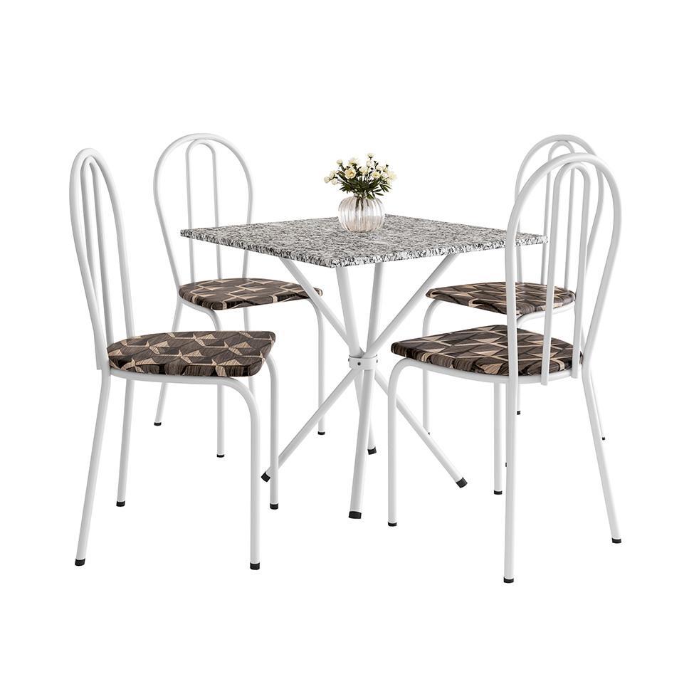 Conjunto de Mesa Quadrada com Tampo Granito e 4 Cadeiras Léia Revestimento Sintético Branco e Palha - 1