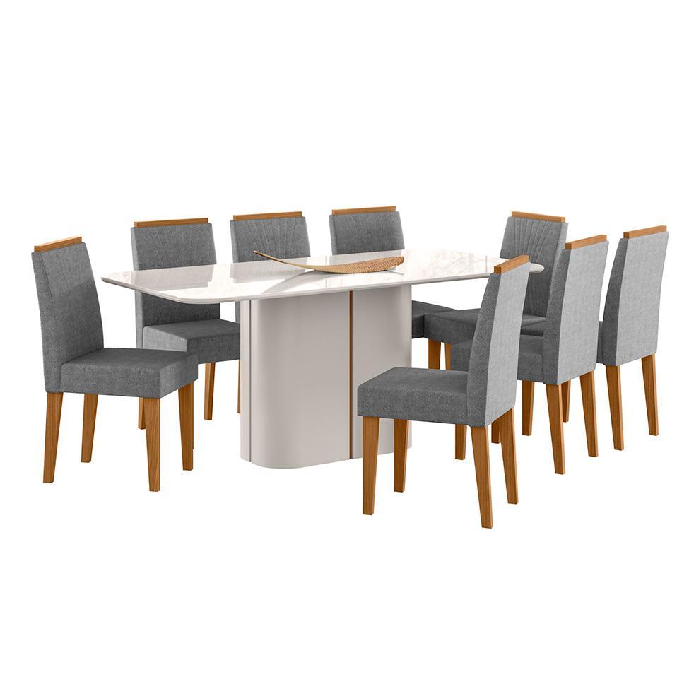 Conjunto de Mesa Retangular com Tampo de Vidro Off White Serena e 8 Cadeiras Cecília Poliéster Cinza e Ypê - 1
