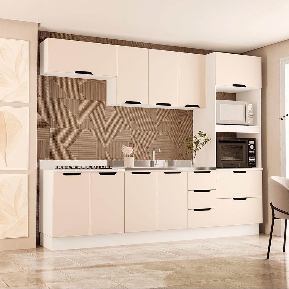 Cozinha Compacta sem Tampo com Rodapé Meena 10 Portas 4 Gavetas Creme e Branca - 1