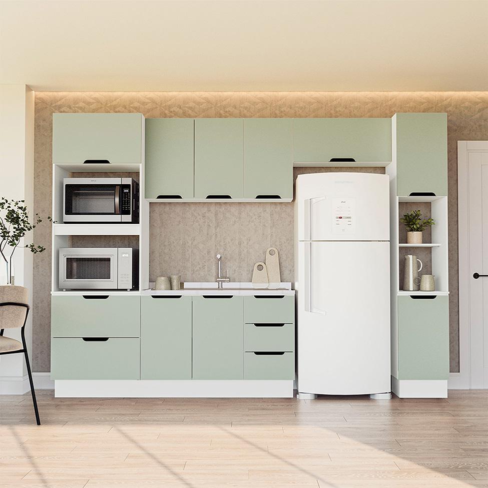 Cozinha Compacta sem Tampo com Rodapé e Paneleiro Meena 10 Portas 4 Gavetas Verde e Branca - 1