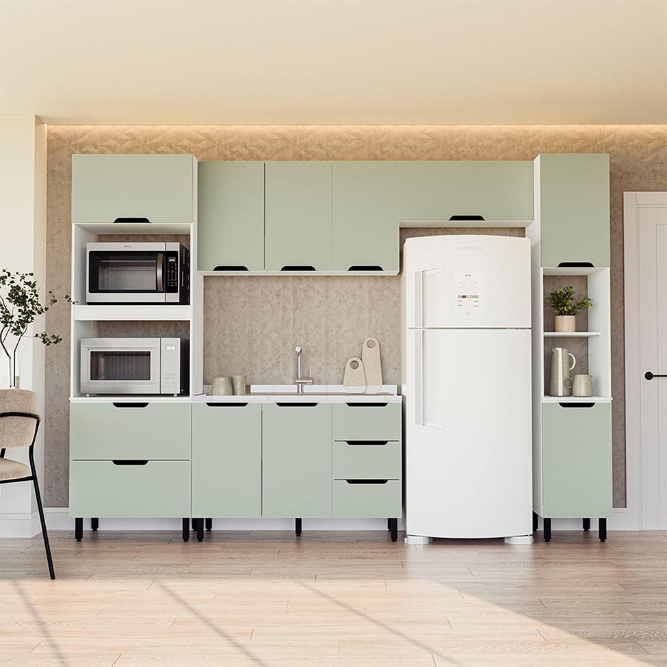 Cozinha Compacta Sem Tampo com Paneleiro Meena 10 Portas 4 Gavetas Verde e Branca - 1
