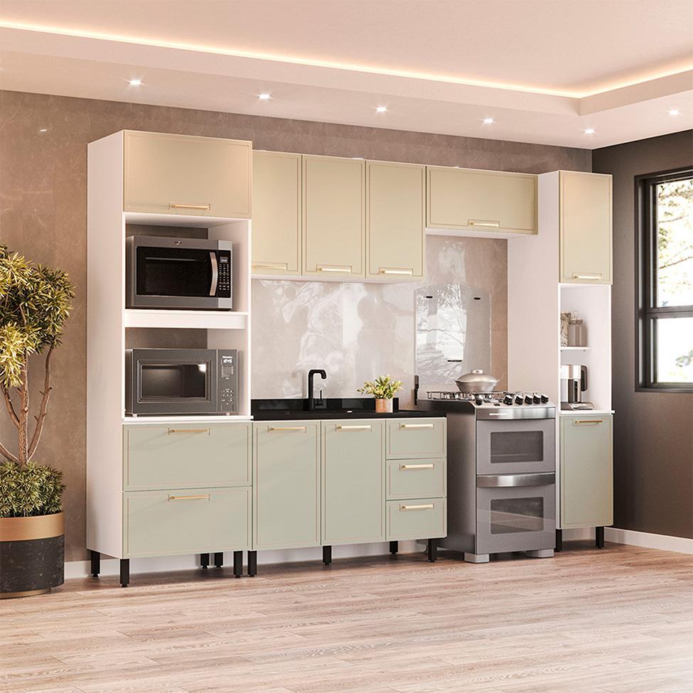 Cozinha Compacta Sem Tampo com Paneleiro Amara 10 Portas 4 Gavetas Verde e Branca - 1