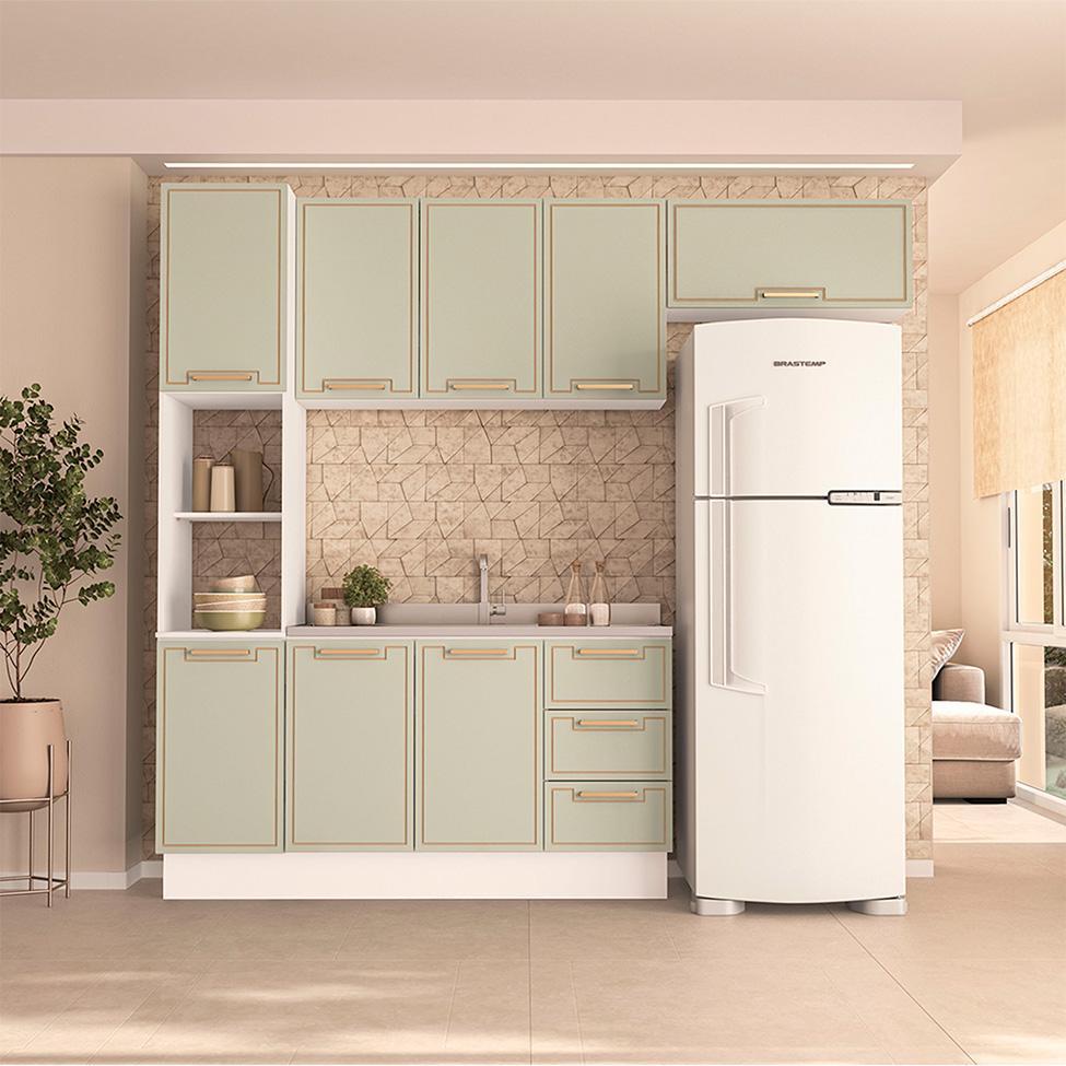 Cozinha Compacta Sem Tampo com Rodapé Amara 8 Portas 3 Gavetas Verde e Branca - 1
