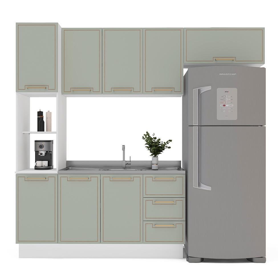 Cozinha Compacta Sem Tampo com Rodapé Amara 8 Portas 3 Gavetas Verde e Branca - 6