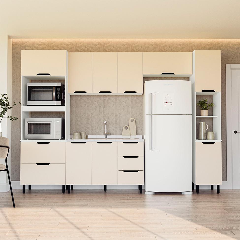 Cozinha Compacta Sem Tampo com Paneleiro Meena 10 Portas 4 Gavetas Creme e Branca - 1