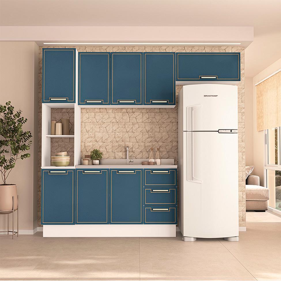Cozinha Compacta Sem Tampo com Rodapé Amara 8 Portas 3 Gavetas Azul e Branca - 1