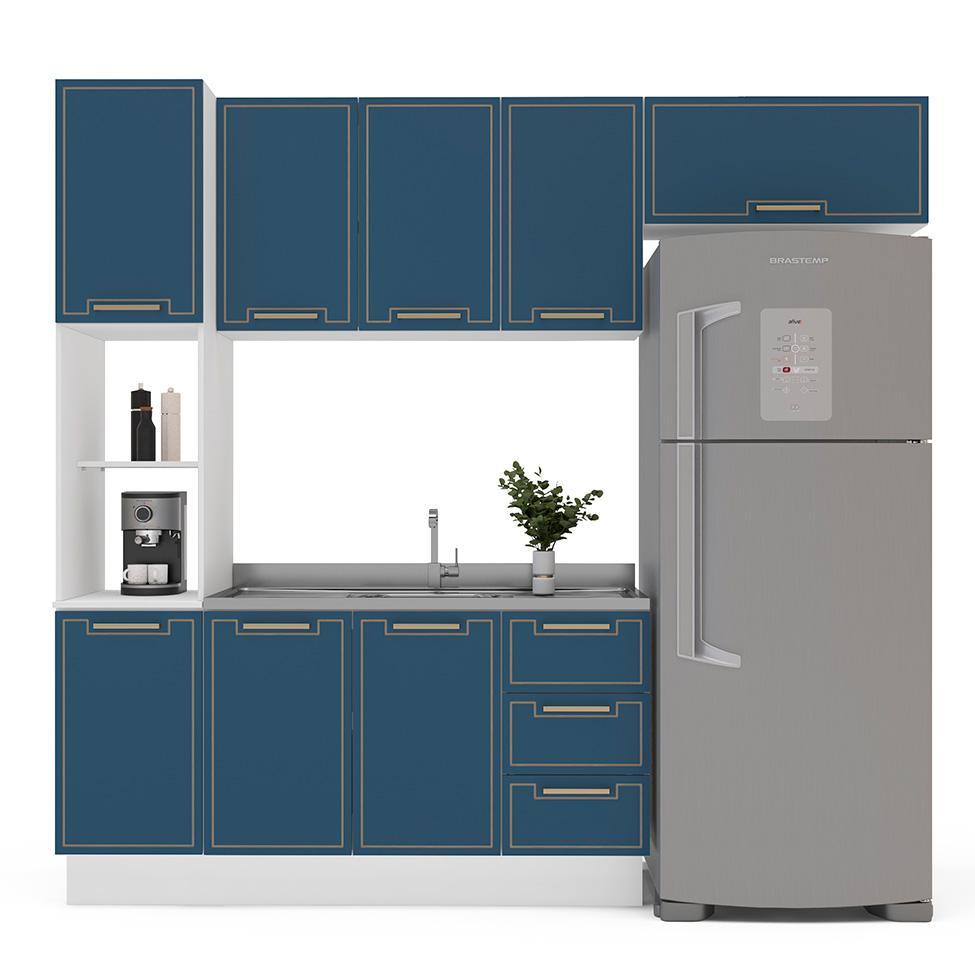 Cozinha Compacta Sem Tampo com Rodapé Amara 8 Portas 3 Gavetas Azul e Branca - 6