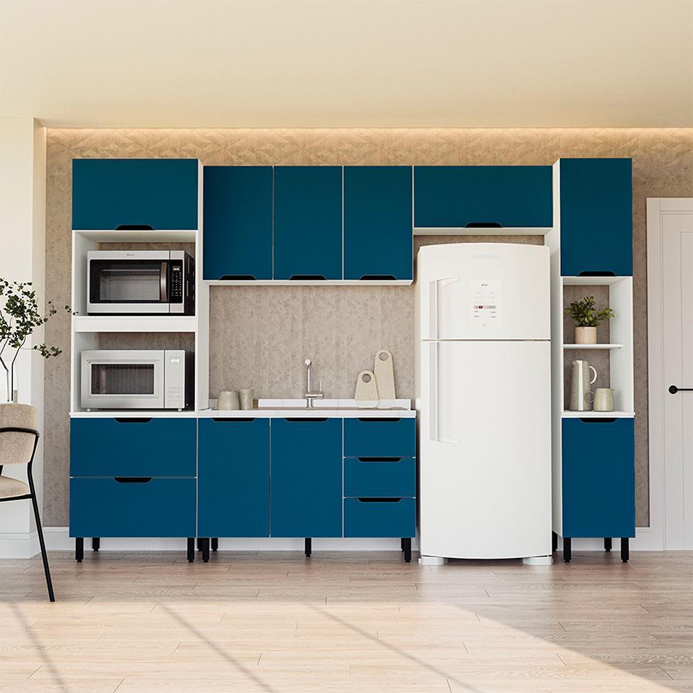 Cozinha Compacta Sem Tampo com Paneleiro Meena 10 Portas 4 Gavetas Azul e Branca - 1