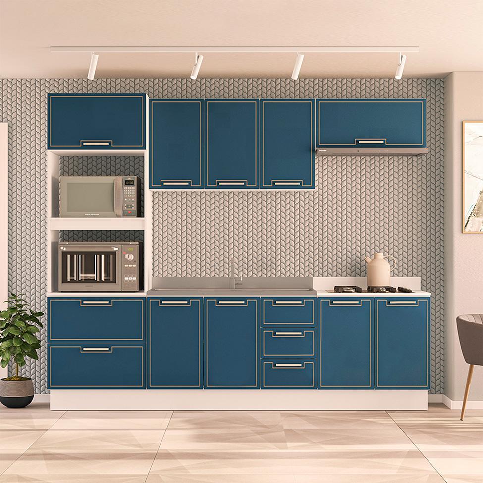 Cozinha Compacta Sem Tampo com Rodapé Amara 10 Portas 4 Gavetas Azul e Branca - 1