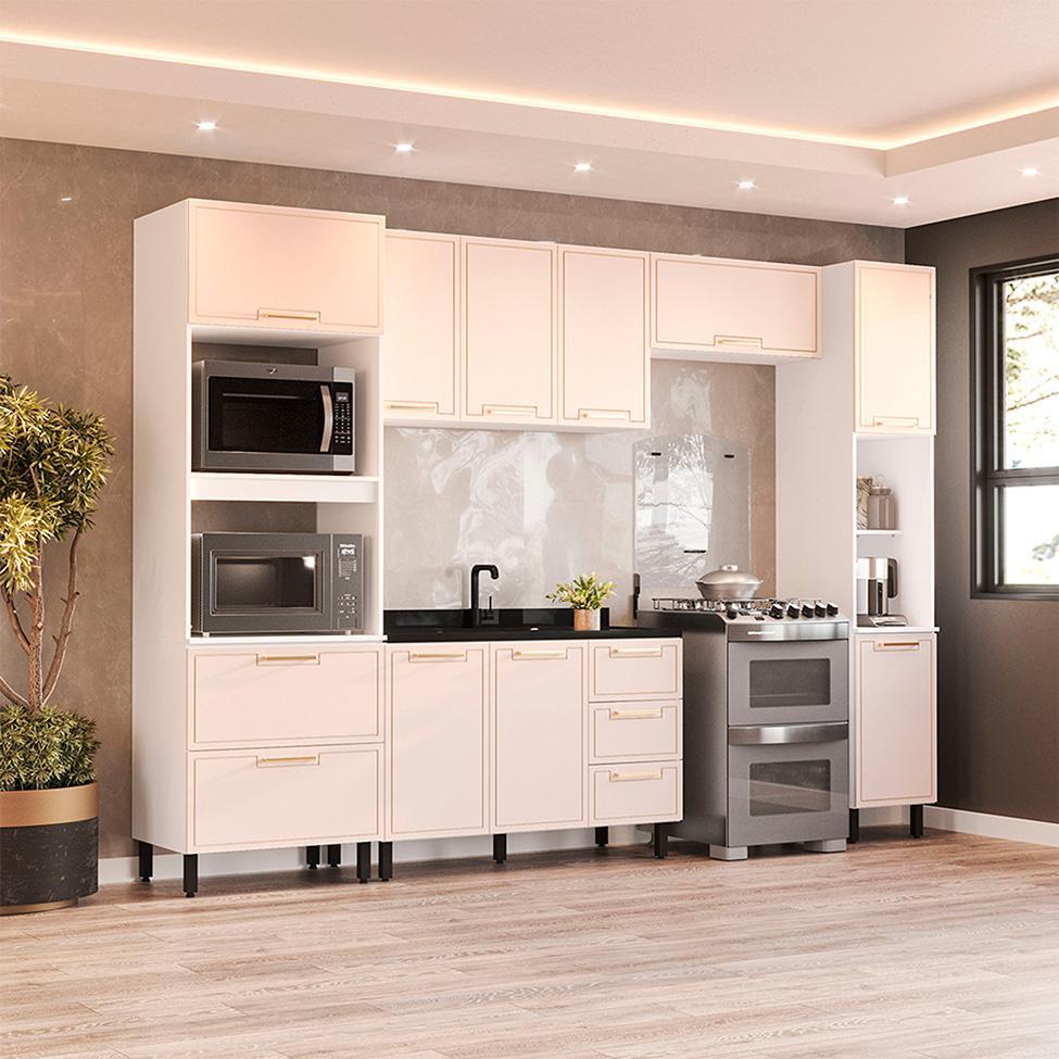Cozinha Compacta Sem Tampo com Paneleiro Amara 10 Portas 4 Gavetas Creme e  Branca - 1