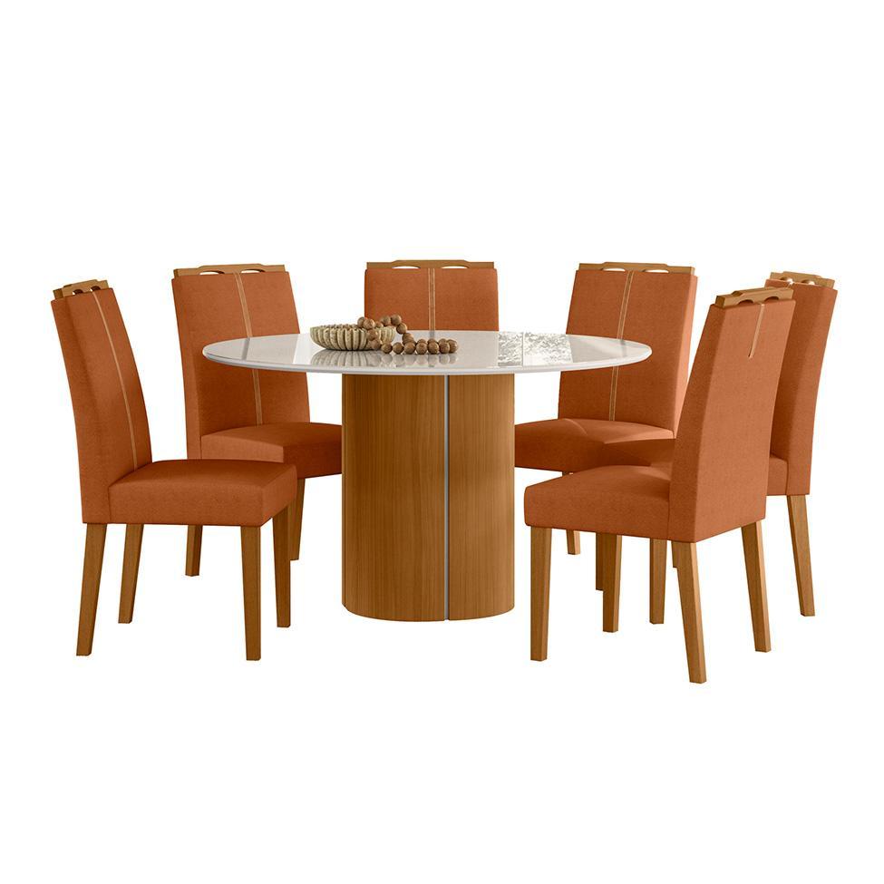 Conjunto de Mesa Redonda com Tampo de Vidro Off White e 6 Cadeiras Serena Poliéster Terracota e Ypê - 1