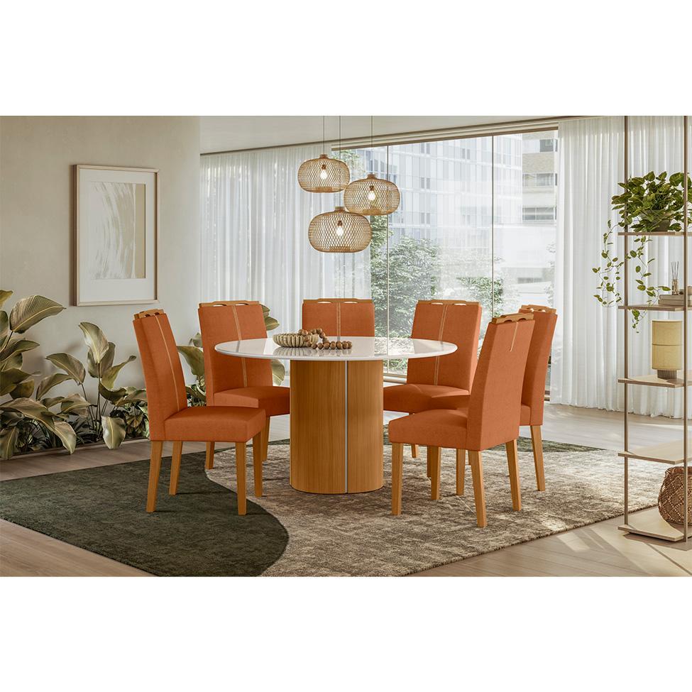 Conjunto de Mesa Redonda com Tampo de Vidro Off White e 6 Cadeiras Serena Poliéster Terracota e Ypê - 2
