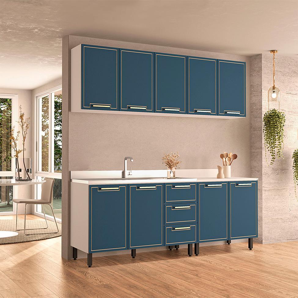 Cozinha Compacta Sem Tampo Amara 9 Portas 3 Gavetas Azul e Branca - 1