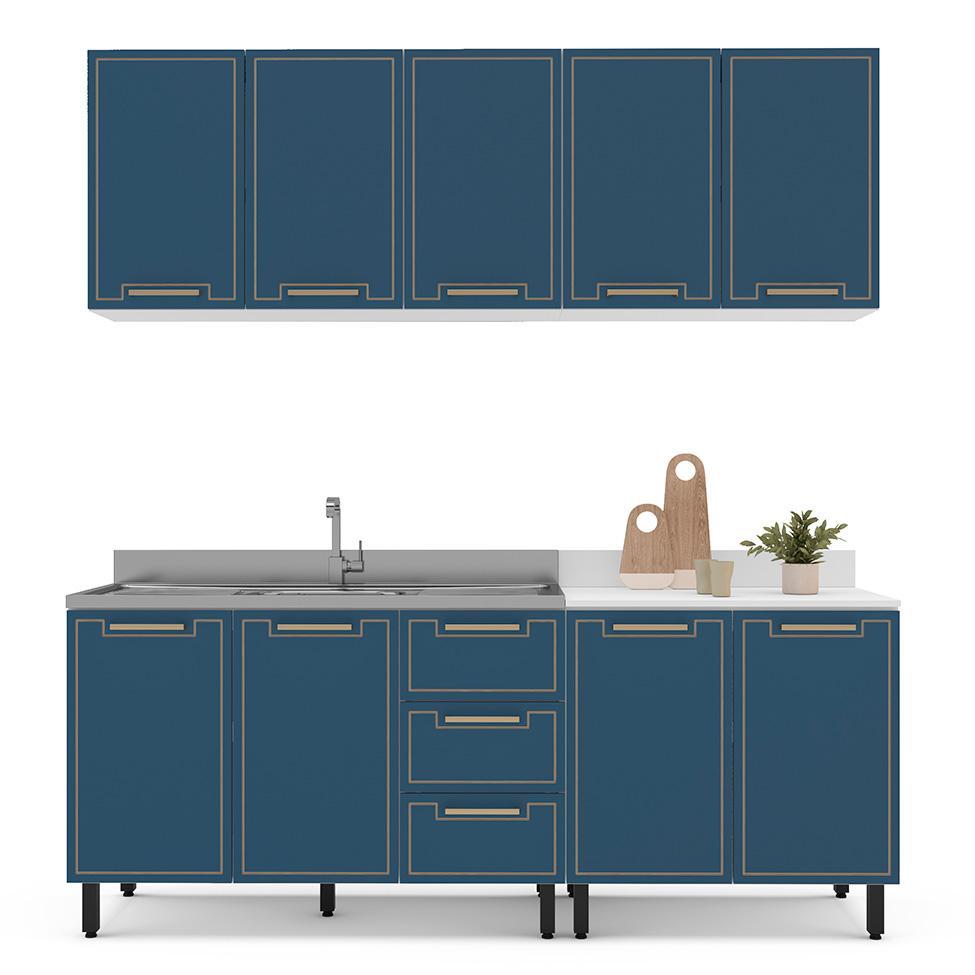 Cozinha Compacta Sem Tampo Amara 9 Portas 3 Gavetas Azul e Branca - 6