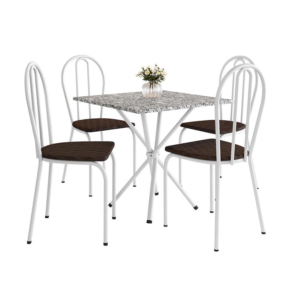 Conjunto de Mesa Quadrada com Tampo Granito e 4 Cadeiras Léia Revestimento Sintético Branco e Cacau - 1