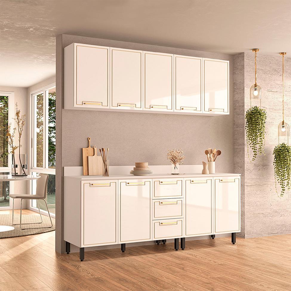 Cozinha Completa com Tampo Amara 9 Portas 3 Gavetas Branca - 1