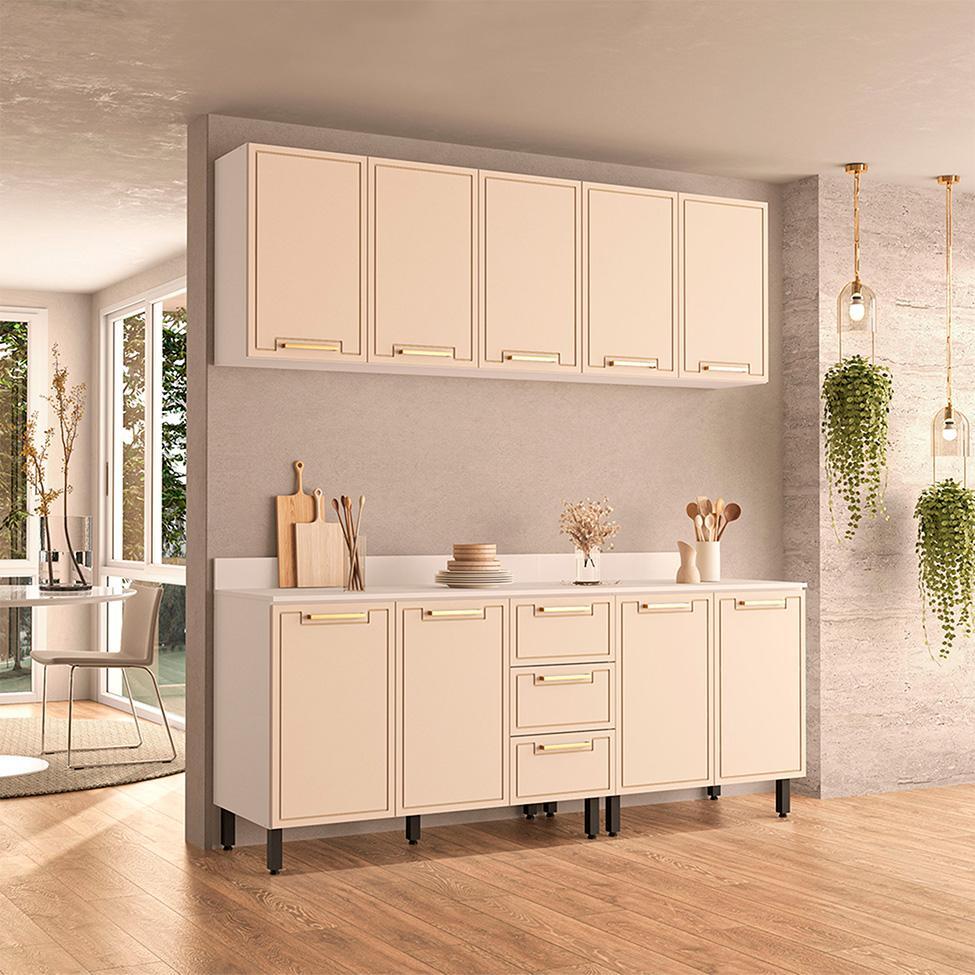 Cozinha Completa com Tampo Amara 9 Portas 3 Gavetas Creme e Branca - 1