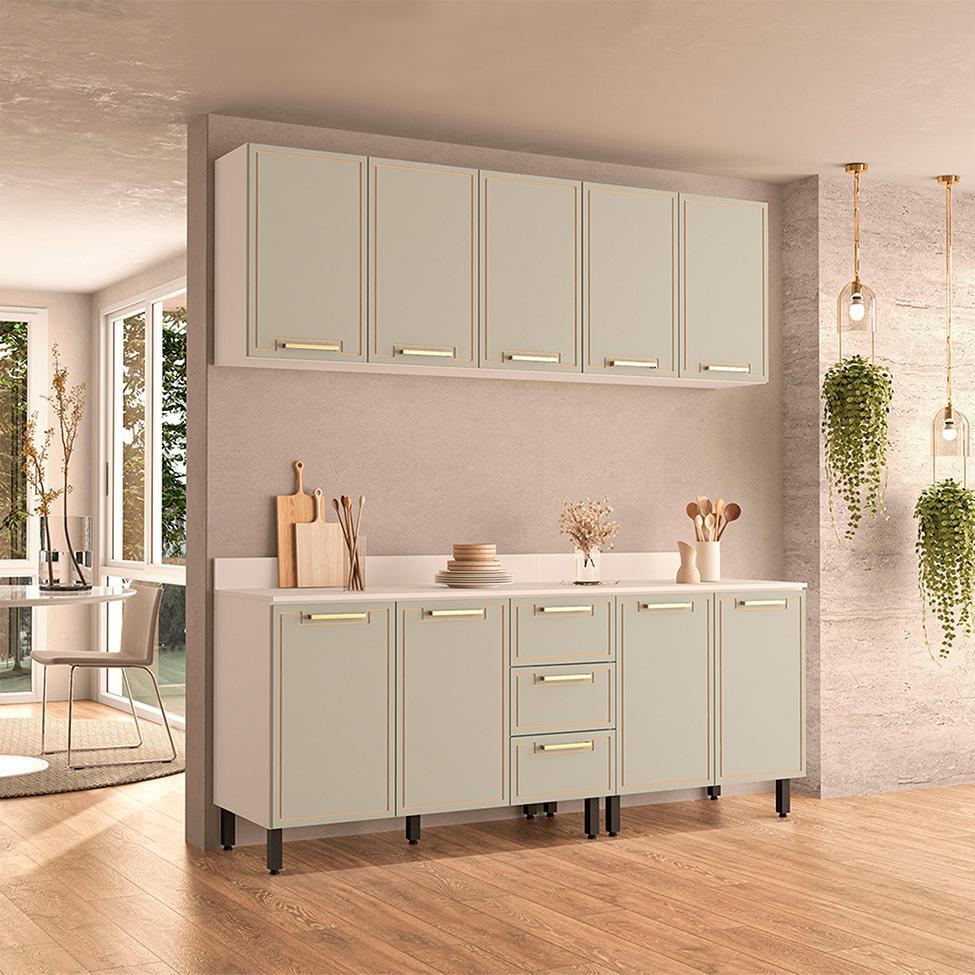 Cozinha Completa com Tampo Amara 9 Portas 3 Gavetas Verde e Branca - 1